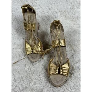 Pelle Moda Shoes Womens Size 7.5M Gold Metallic Wedge Heels Lace Up Espadrille